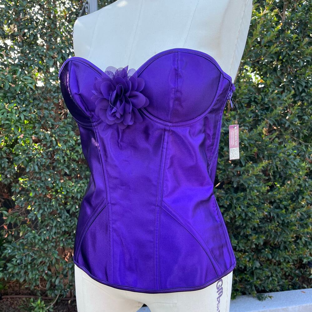 Adore Me Purple Satin Corset Bustier Top Size Large Lace Up Floral Accent NWT